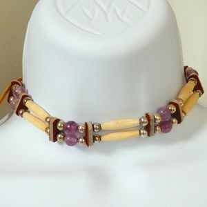 Native American Beaded Necklace with Leather Suede Ties